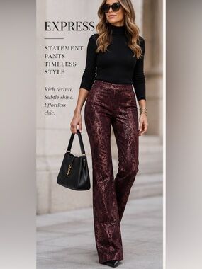 Express Metallic Burgundy Snake-Print Bootcut Pants